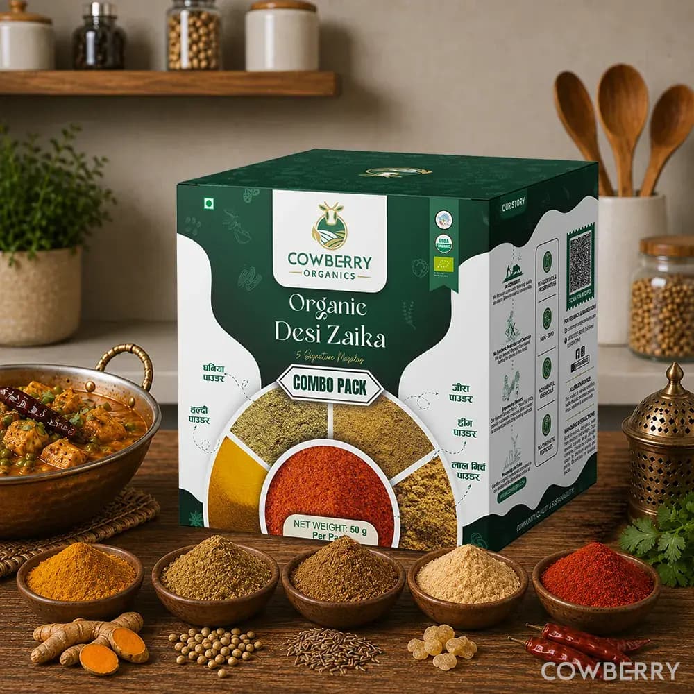 Desi Zaika Powder (Coriander + Red Chilli + Turmeric + Cumin + Hing) – front of pack