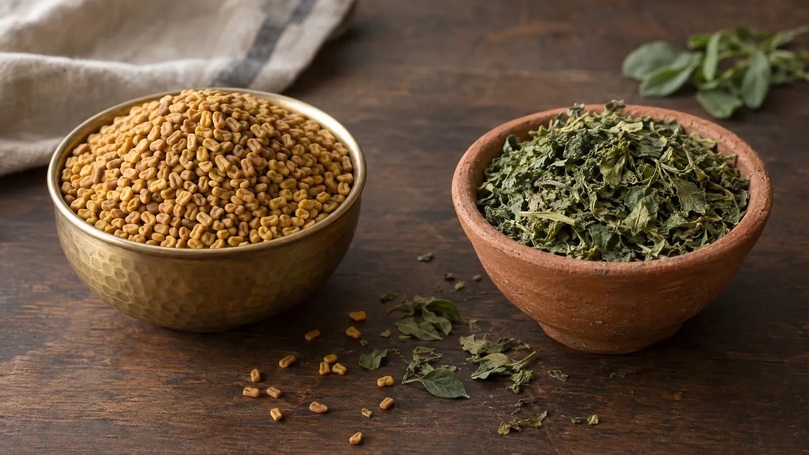 Difference between kasuri methi and methi: dried leaves vs seeds