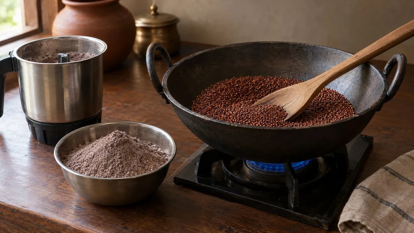 Ragi huri hittu: how to make ragi flour at home