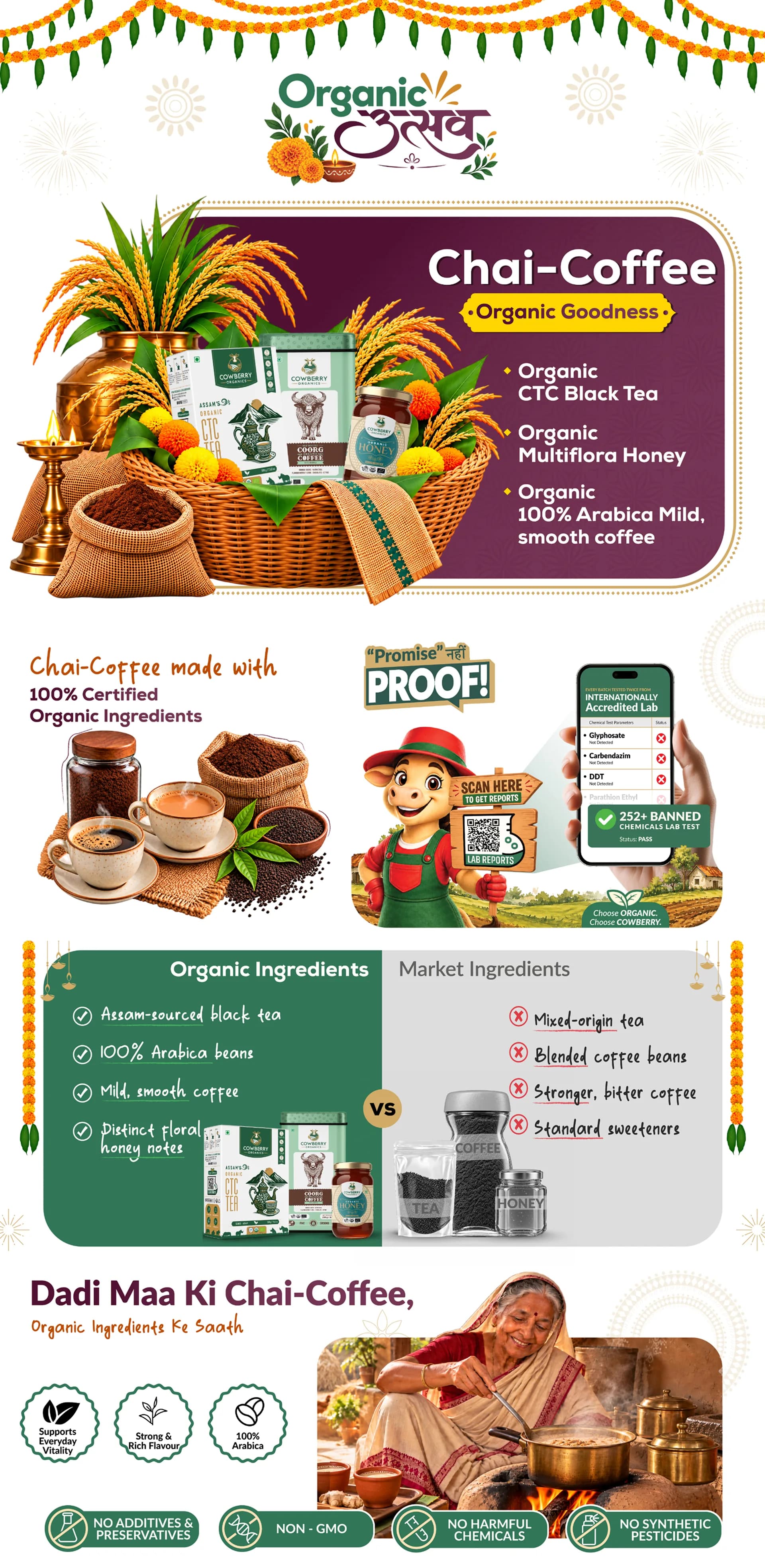 COWBERRY Organic Atithi Chai-Coffee Hamper | CTC Black Tea, 100% Arabica Coffee & Multiflora Honey banner