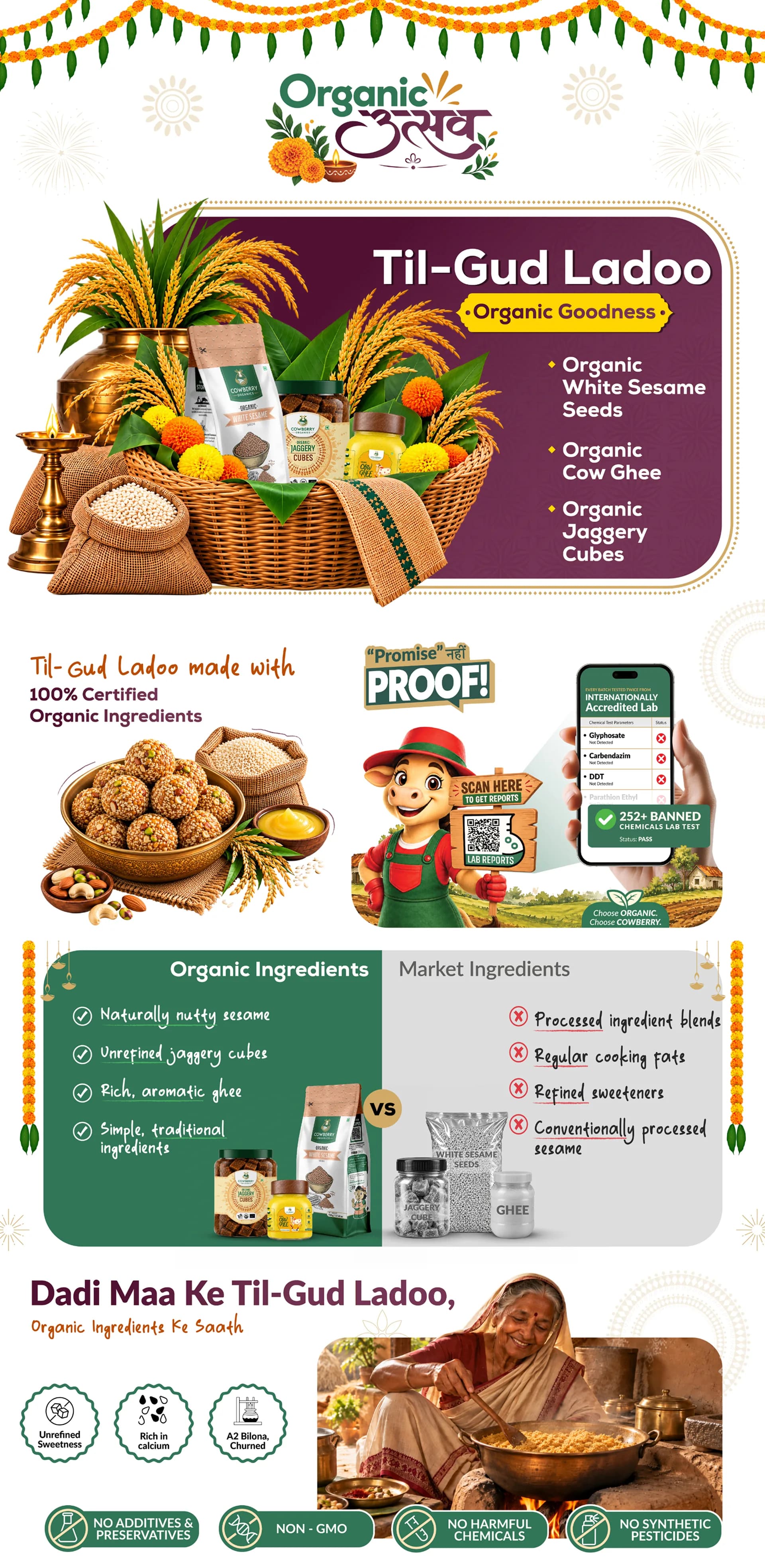 Organic Til Gud Modak Kit | Organic Khapli Wheat Flour, White Sesame, Jaggery Powder & A2 Cow Ghee banner