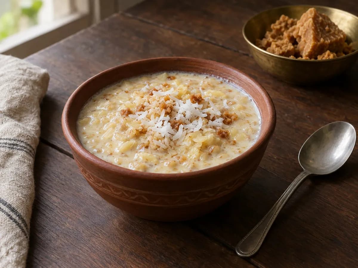 Sweet poha with milk and jaggery